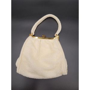VTG Cordé Purse White Seed Pearls Gold Kiss Clasp Faux 50s Mid Century